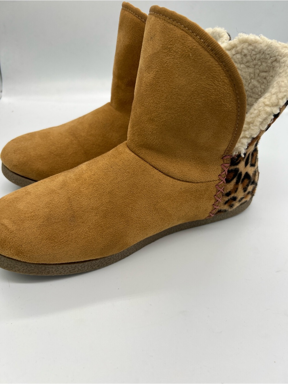Rockport Cozy Tan Faux-Suede Sherpa Booties with Leopard Accent